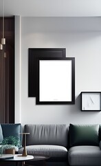 Blank white picture frame mockup on wall in modern interior, Vertical template mock up for artwork, painting, photo or poster in interior design