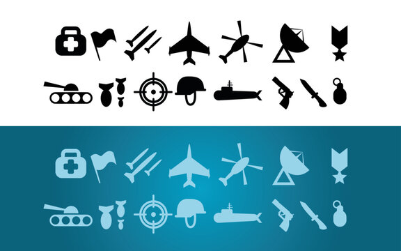 icônes de gèrre de plusiuers symbole en forme simplifié de logos des armées et outils de defence