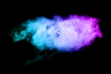 Artificial smoke in red-blue light on black background in darkness.