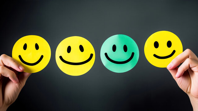 Hands holding yellow and green smiley face emoticons on black background generative ai