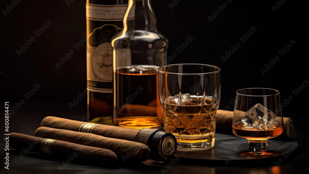 Poster whiskey with cinnamon and an old cigar on a wooden table generative ai