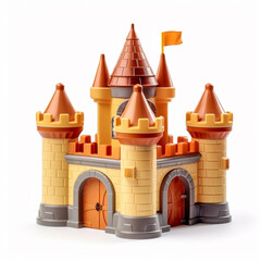 A children's toy in the form of an ancient castle made of colorful plastic. Isolated on white background. Toys are created without sharp corners as a safety measure for children.
