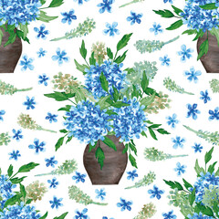 Watercolour blue phlox flowers in a vase, white background. Seamless floral pattern-260.