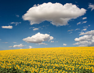Obraz premium Bright yellow sunflower field with deep blue sky and fluffy clouds in the south of France.