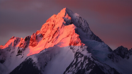 Fototapeta na wymiar Sommet d'une chaine de montagne enneigée à la lueur rouge du soir ou du matin
