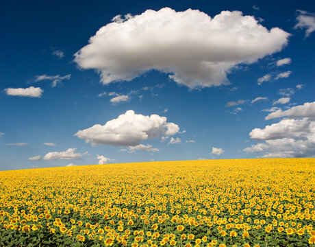 Bright yellow sunflower field with deep blue sky and fluffy clouds in the south of France.