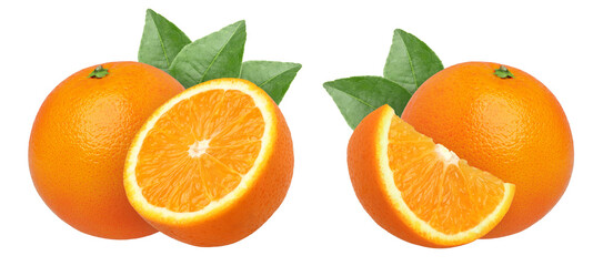 orange fruit with leaves and half isolated, Orange fruit macro studio photo, transparent png, PNG format, cut out