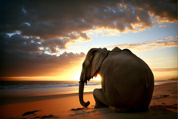 Lonely elephant sits alone on the beach and watches the sunset (Generative AI, Generativ, KI)