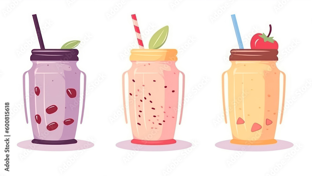 Poster set of smoothies in mason jars with straws. vector illustration. generative ai