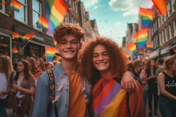 Obraz na płótnie Canvas Charismatic Generative AI Friends at LGBTQ+ Pride Parade in Amsterdam. Friendship and Diversity in the LGBTQ+ Community. Amsterdam Pride Celebration