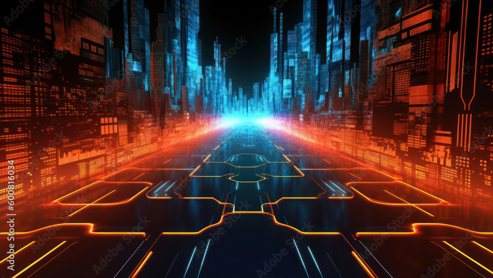 Aufkleber futuristic technology background with glowing lines. 3d rendering digital road - digital code road c