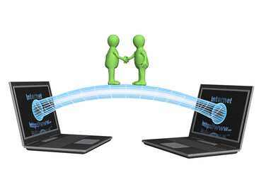 Two 3d persons-puppets, met in the Internet. Objects over white