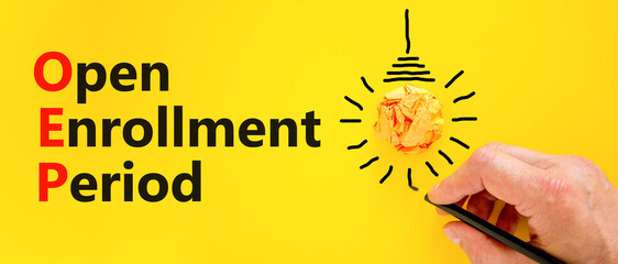 OEP symbol. Concept words OEP Open enrollment period on beautiful yellow paper. Light bulb icon....