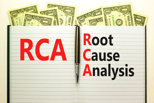 RCA root cause analysis symbol. Concept words RCA root cause analysis on white note. Dollar bills. Beautiful white table white background. Business and RCA root cause analysis concept. Copy space.
