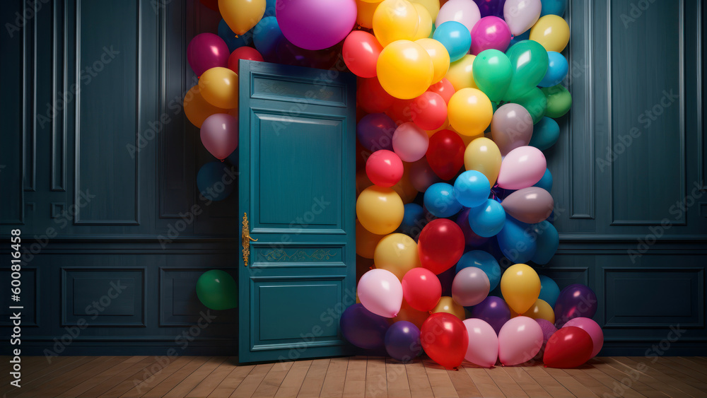 Poster 3d rendering of blue door with colorful balloons floating in the room generative ai