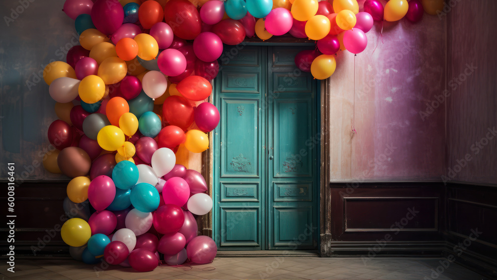 Poster door with colorful balloons in a room. 3d rendering. generative ai