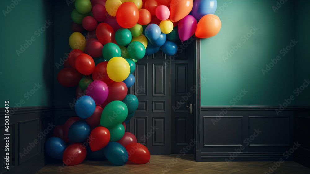 Poster colorful balloons in empty room with green wall and door. 3d rendering generative ai