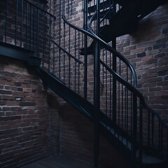 An exposed brick wall with a metal spiral staircase, construction created with Generative AI Technology