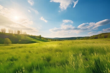 Beautiful Green Spring,Summer Meadow Background with Green Grass and Blue Sky, Generative AI