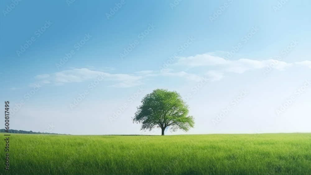 Poster lone tree in a green field generative ai