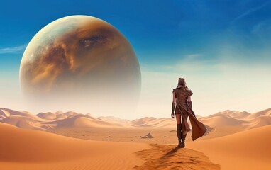 Fototapeta premium Person Walking Through Desert, Planets in Sky, Fantasy Art, Extra Large Moons, Generative AI