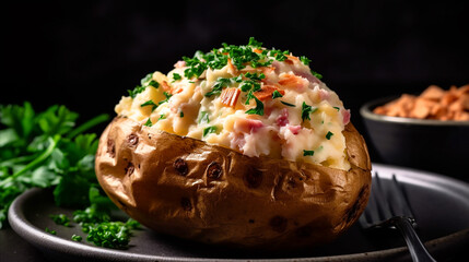 Baked potato with sour cream. Generative AI	 - obrazy, fototapety, plakaty