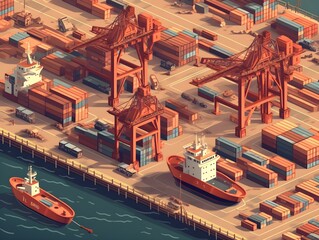 isometric illustration of a busy shipping port, with cargo containers being loaded onto ships for international trade