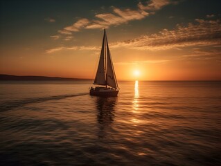 beautiful sunset over a calm ocean, with a sailboat in the distance
