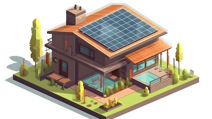 isometric illustration of a modern, eco-friendly home with solar panels and a green roof