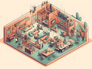 isometric illustration of a modern co-working space, with freelancers and entrepreneurs working together in a vibrant environment