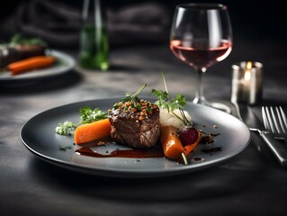 beautifully plated gourmet meal, with a glass of wine and elegant cutlery