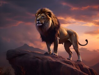 A majestic lion standing on a rocky outcrop, with a dramatic sunset in the background