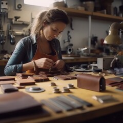 The process of making leather goods. The hands of the master work with a leather product. Generative AI