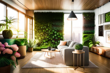 An interior of small living room full of plants with sofa and sunlight from window