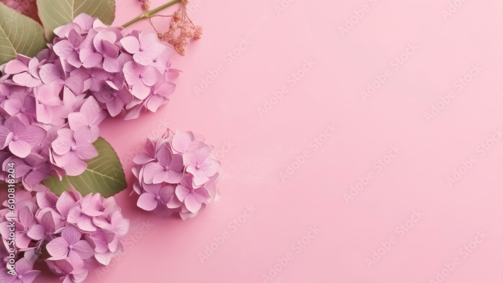 Poster hydrangea on pink background with copy space. abstract natural floral frame layout with text space. 