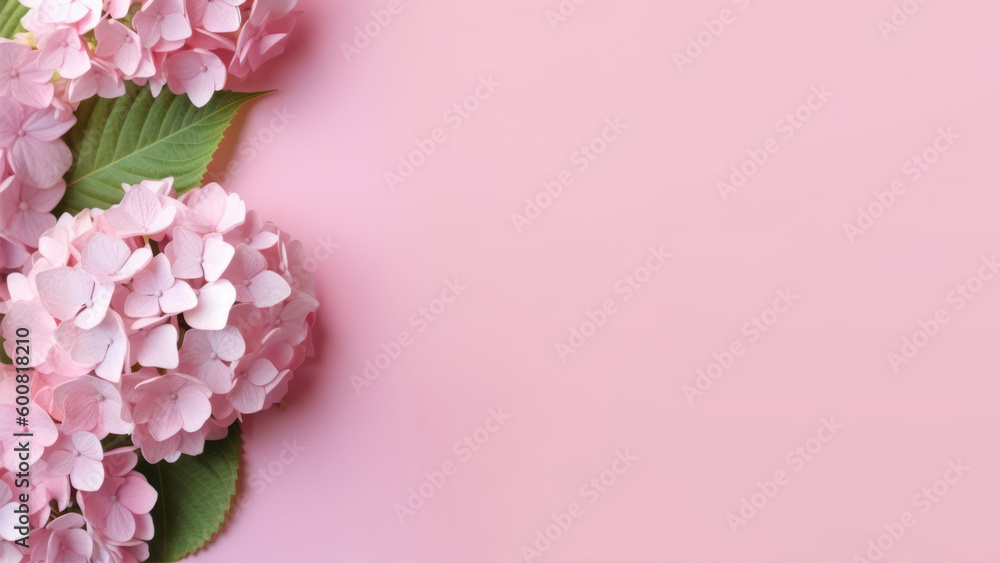 Poster hydrangea on pink background with copy space. abstract natural floral frame layout with text space. 