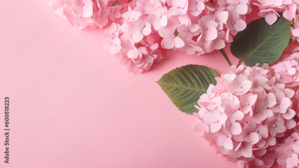 Poster hydrangea on pink background with copy space. abstract natural floral frame layout with text space. 