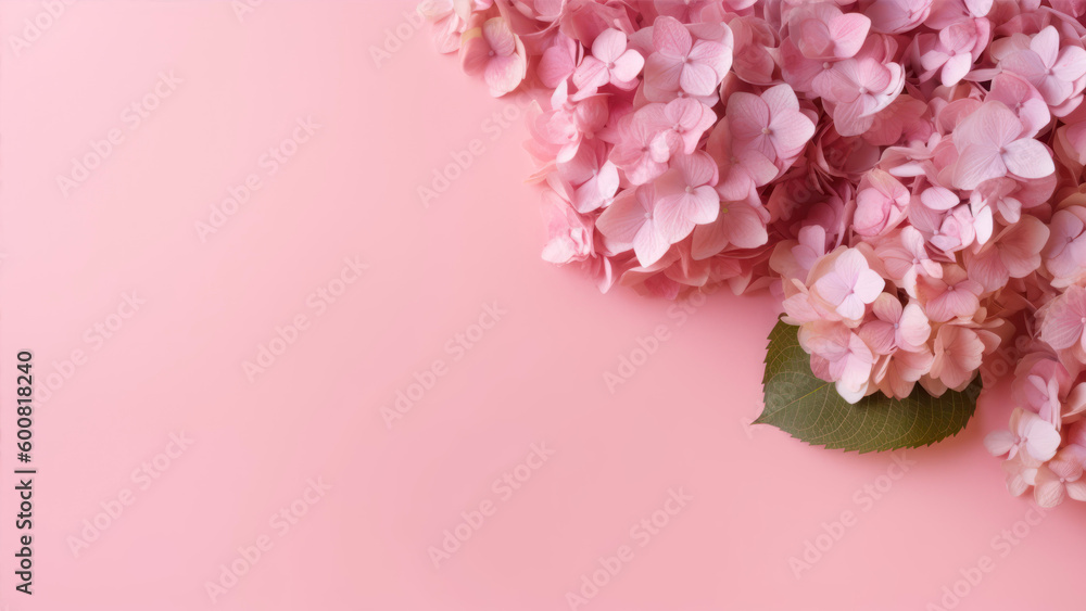 Poster hydrangea on pink background with copy space. abstract natural floral frame layout with text space. 