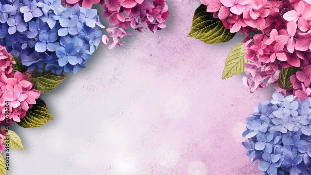 Poster hydrangea with copy space. abstract natural floral frame layout with text space. sun generative ai