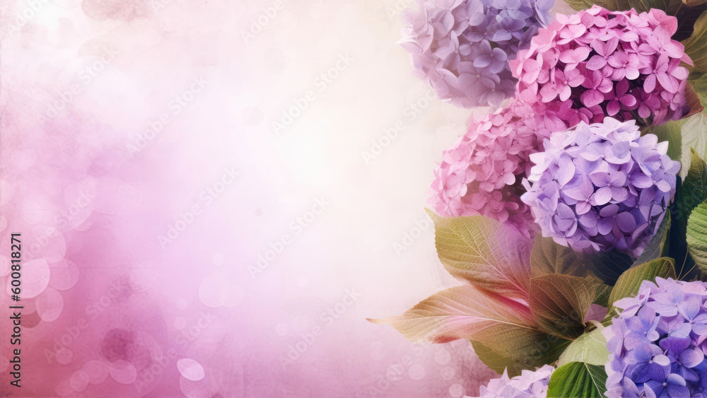 Poster hydrangea with copy space. abstract natural floral frame layout with text space. sun generative ai