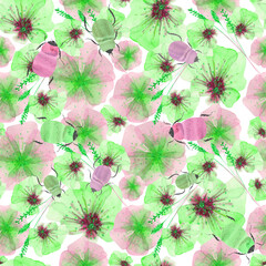 Floral field and bugs seamless pattern on a white background. Watercolor flower endless print. Pink, green, and purple meadow wallpaper. Cute flowers and bugs repeat the backdrop. Print for fabric