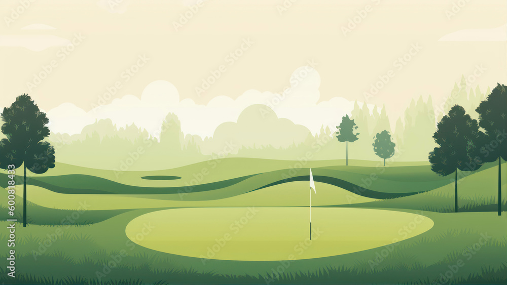 Poster vector illustration of a golf course with green fields and trees in the background generative ai
