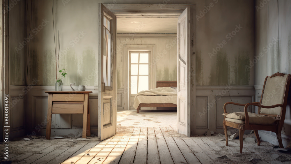 Poster image of empty bedroom through open door generative ai