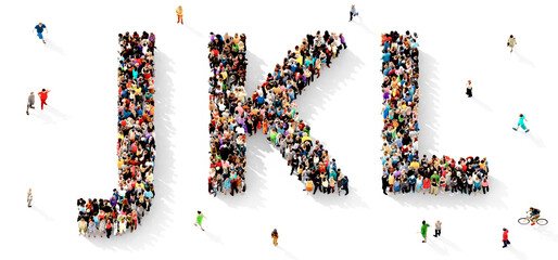 Large and diverse group of people gathered together in the shape of J K L letters, human alphabet concept, top view, on transparent background