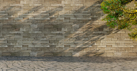 Brick wall stone wall stone floor gravel floor backdrop background sunlight and tree shadow 3D rendering