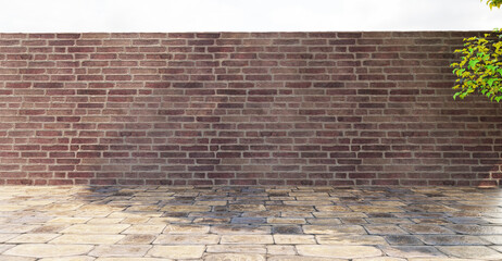 Brick wall stone wall stone floor gravel floor backdrop background sunlight and tree shadow 3D rendering