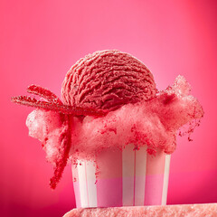 Himbeereiskugel mit pinker Zuckerwatte in gestreifen Becher auf rosanem Stein mit pinkem Fond