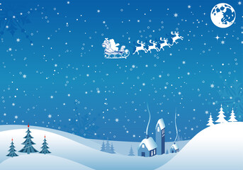 Fototapeta na wymiar Christmas background with tree, Santa, house, element for design, vector illustration