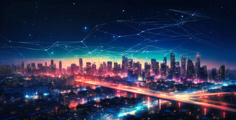 smart city with connections over an evening sky at night