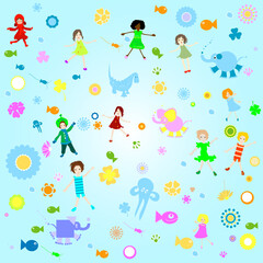 kids background; seamless pattern with children and colorful flowers